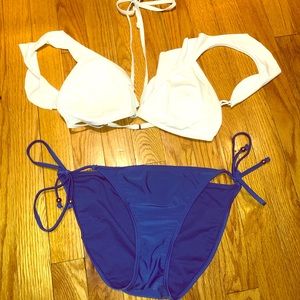 White Ruffled Bikini Top with Blue Tie Bottoms